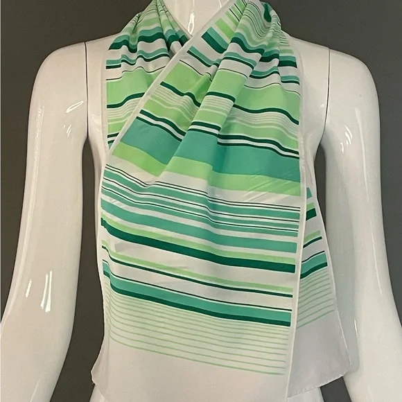 Super Cute Vintage Greens Stripes Poly Scarf 10 In by 46 Exc Condition - Picture 3 of 8